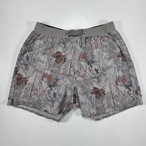 SPRINTS 5" Lined Running Shorts Mens Medium Gray Forest Fall Leaves Camo Woods
